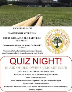 Old Owens Cricket Club Quiz Night 10th May 2019